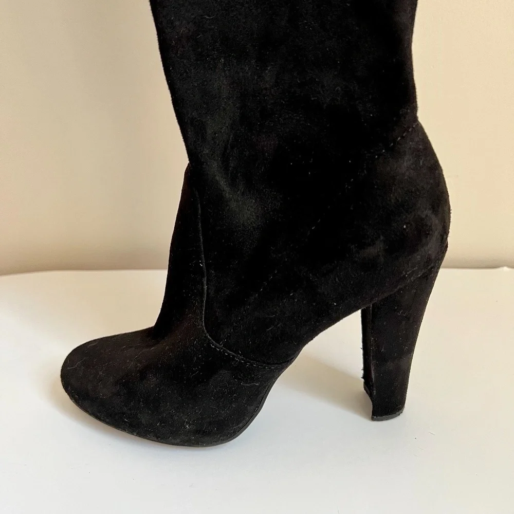 Black Faux Suede Over the Knee High Block Heels Boots - 7